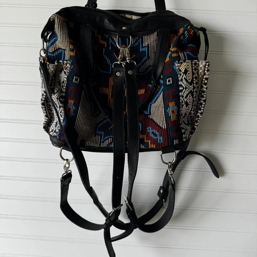 Maria's Artisan Shop Boho Tribal Woven Leather Tote‎ Bag Fringe Backpack - Picture 14 of 14